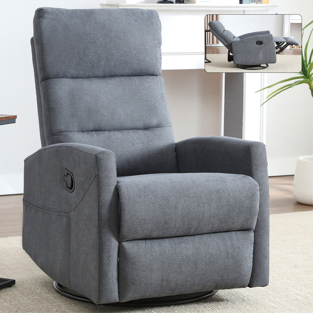 Fauteuil inclinable à bascule en tissu avec base pivotante à 360°, fauteuil inclinable manuel avec levier latéral, fauteuil de salon confortable