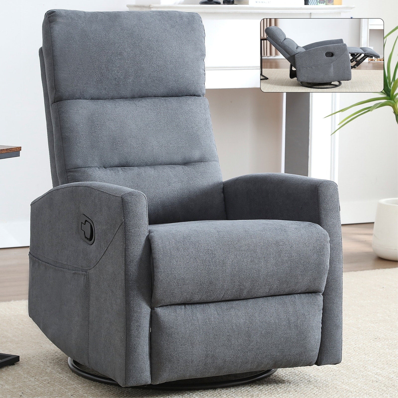 Fauteuil inclinable à bascule en tissu avec base pivotante à 360°, fauteuil inclinable manuel avec levier latéral, fauteuil de salon confortable