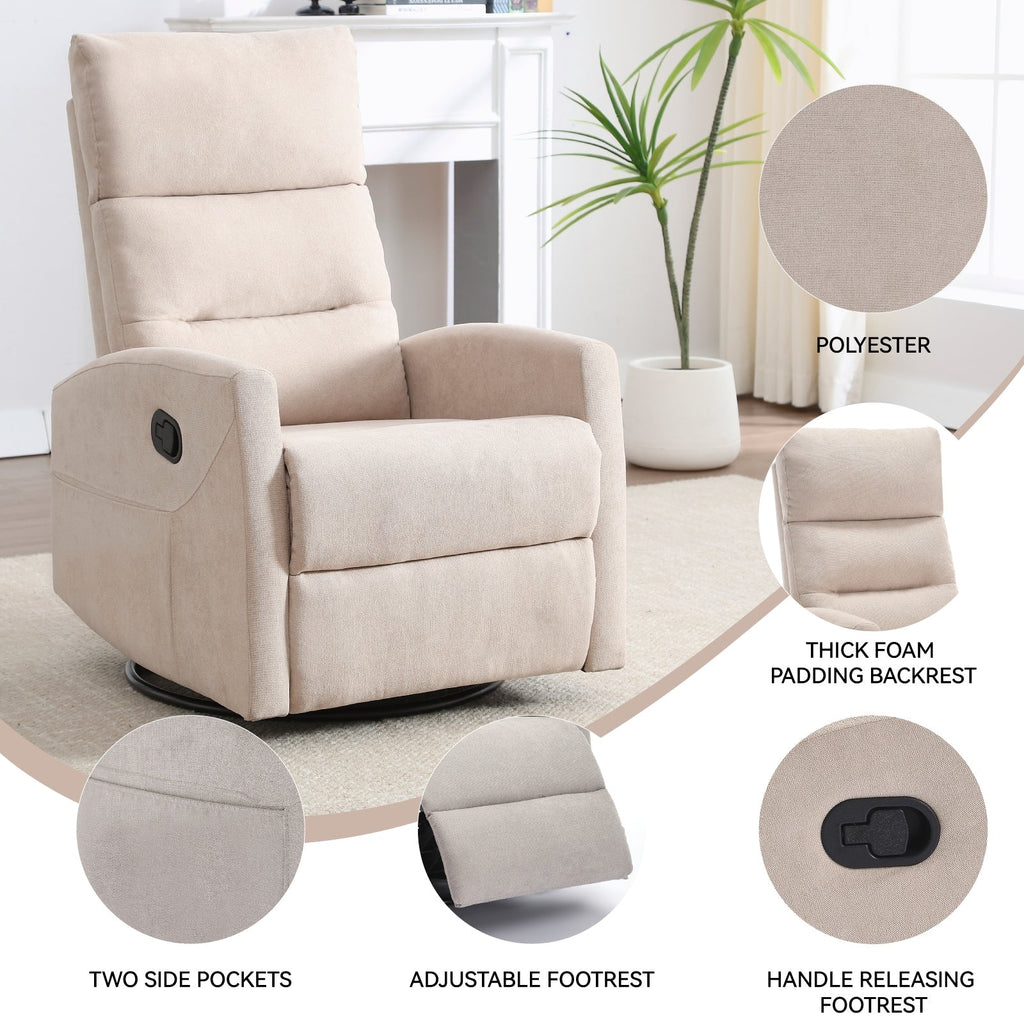 Fauteuil inclinable à bascule en tissu avec base pivotante à 360°, fauteuil inclinable manuel avec levier latéral, fauteuil de salon confortable