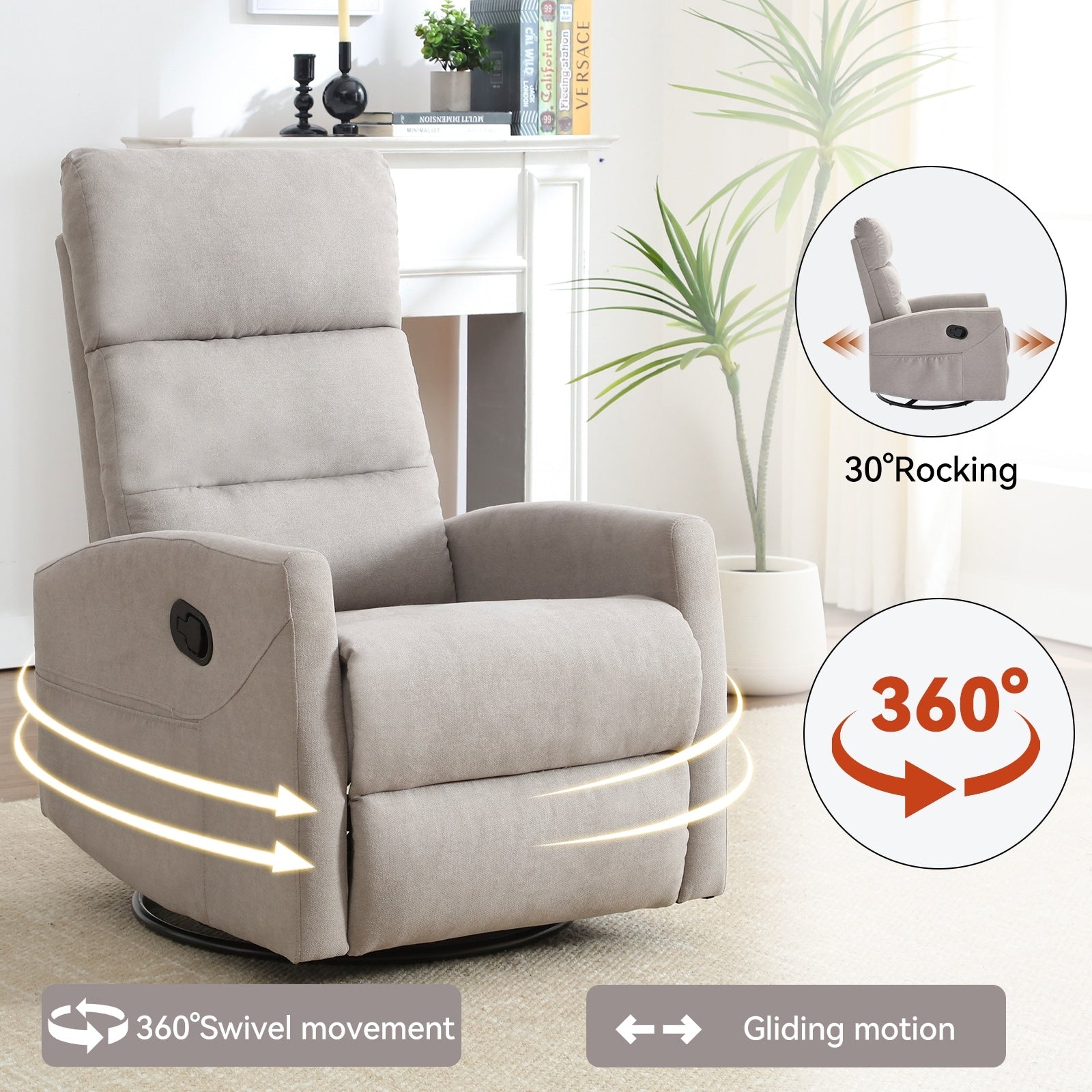 Fauteuil inclinable à bascule en tissu avec base pivotante à 360°, fauteuil inclinable manuel avec levier latéral, fauteuil de salon confortable