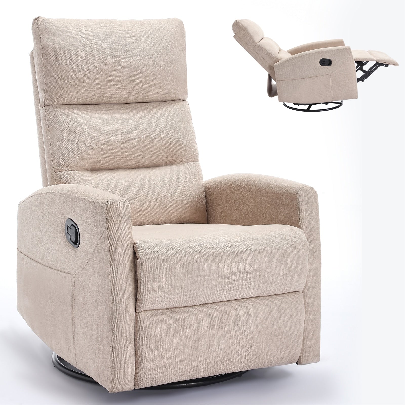 Fauteuil inclinable à bascule en tissu avec base pivotante à 360°, fauteuil inclinable manuel avec levier latéral, fauteuil de salon confortable