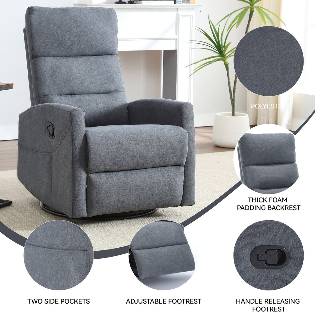 Fauteuil inclinable à bascule en tissu avec base pivotante à 360°, fauteuil inclinable manuel avec levier latéral, fauteuil de salon confortable
