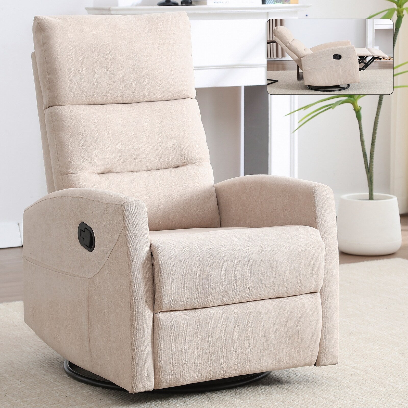 Fauteuil inclinable à bascule en tissu avec base pivotante à 360°, fauteuil inclinable manuel avec levier latéral, fauteuil de salon confortable