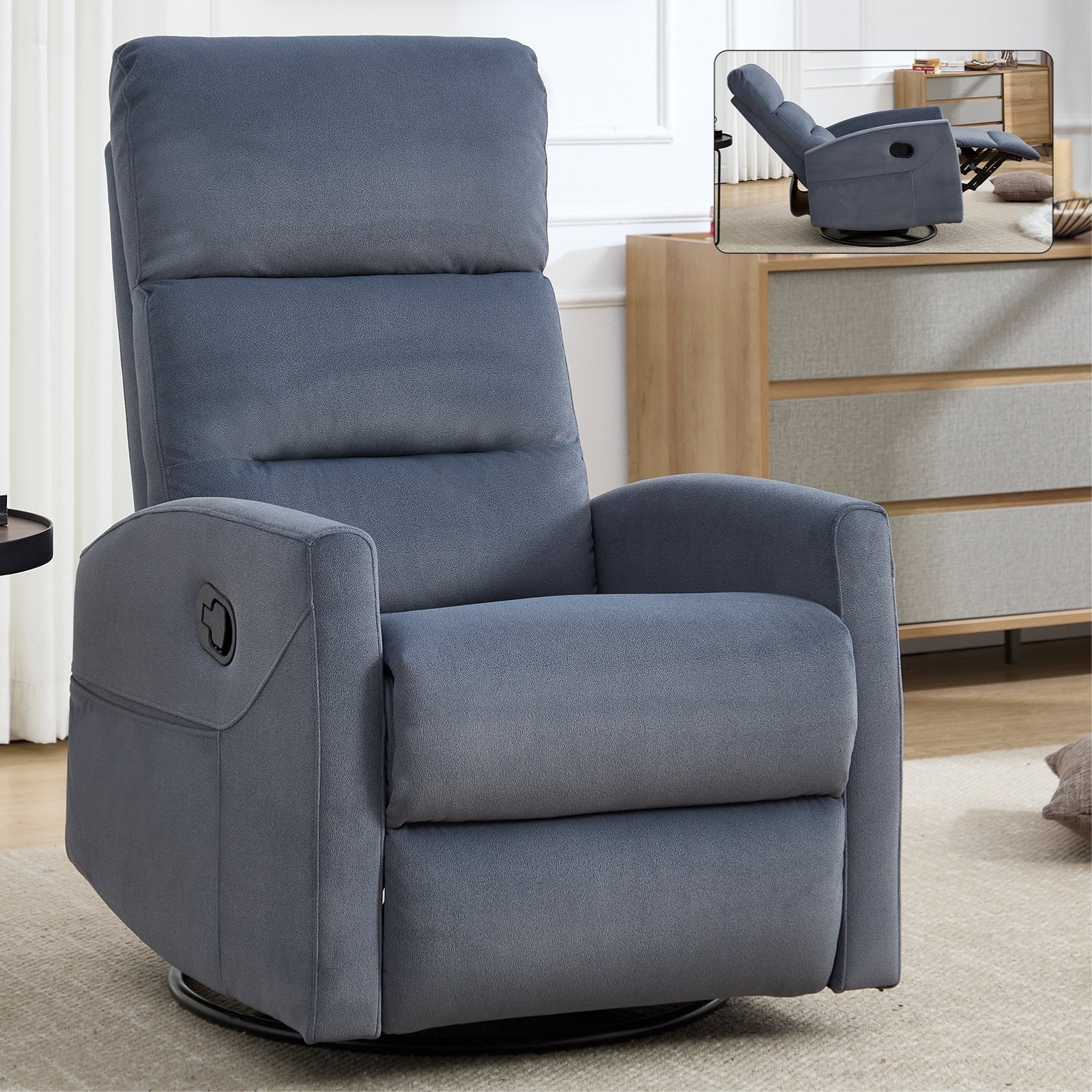 Fauteuil inclinable à bascule en tissu avec base pivotante à 360°, fauteuil inclinable manuel avec levier latéral, fauteuil de salon confortable