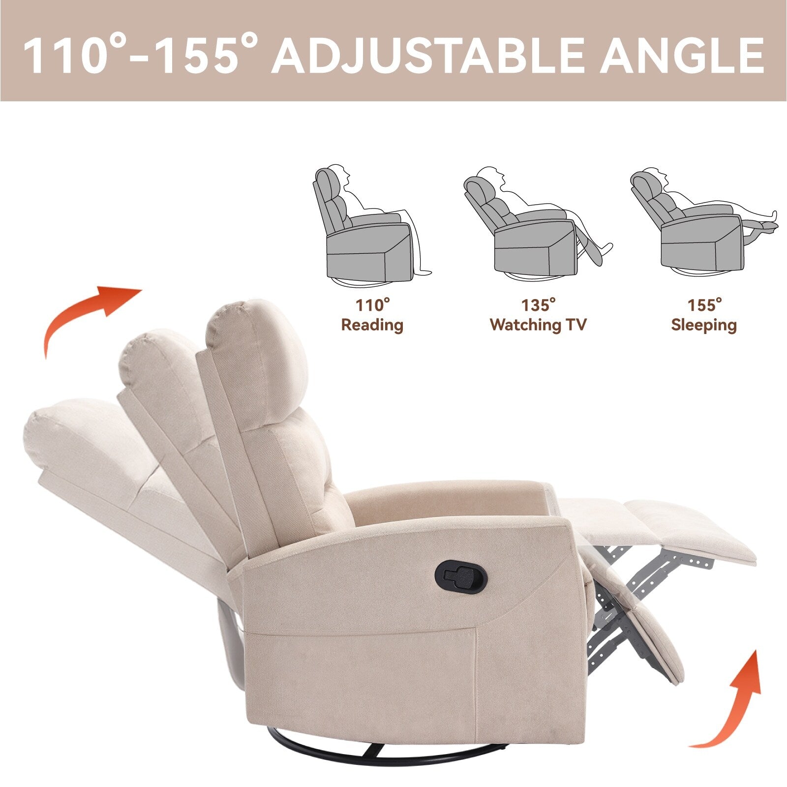 Fauteuil inclinable à bascule en tissu avec base pivotante à 360°, fauteuil inclinable manuel avec levier latéral, fauteuil de salon confortable