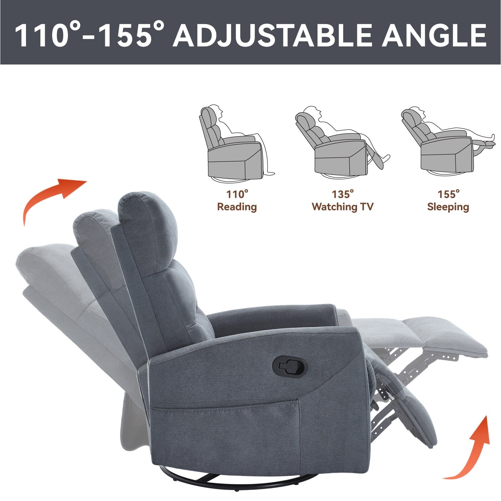 Fauteuil inclinable à bascule en tissu avec base pivotante à 360°, fauteuil inclinable manuel avec levier latéral, fauteuil de salon confortable