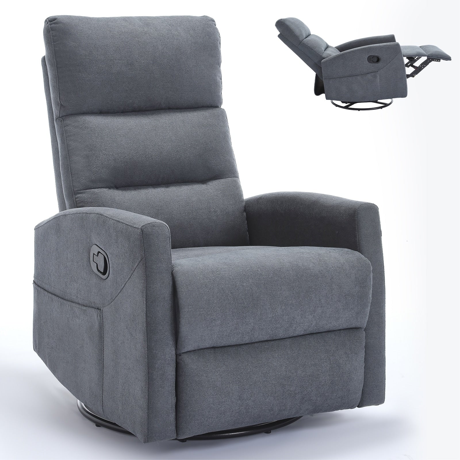 Fauteuil inclinable à bascule en tissu avec base pivotante à 360°, fauteuil inclinable manuel avec levier latéral, fauteuil de salon confortable