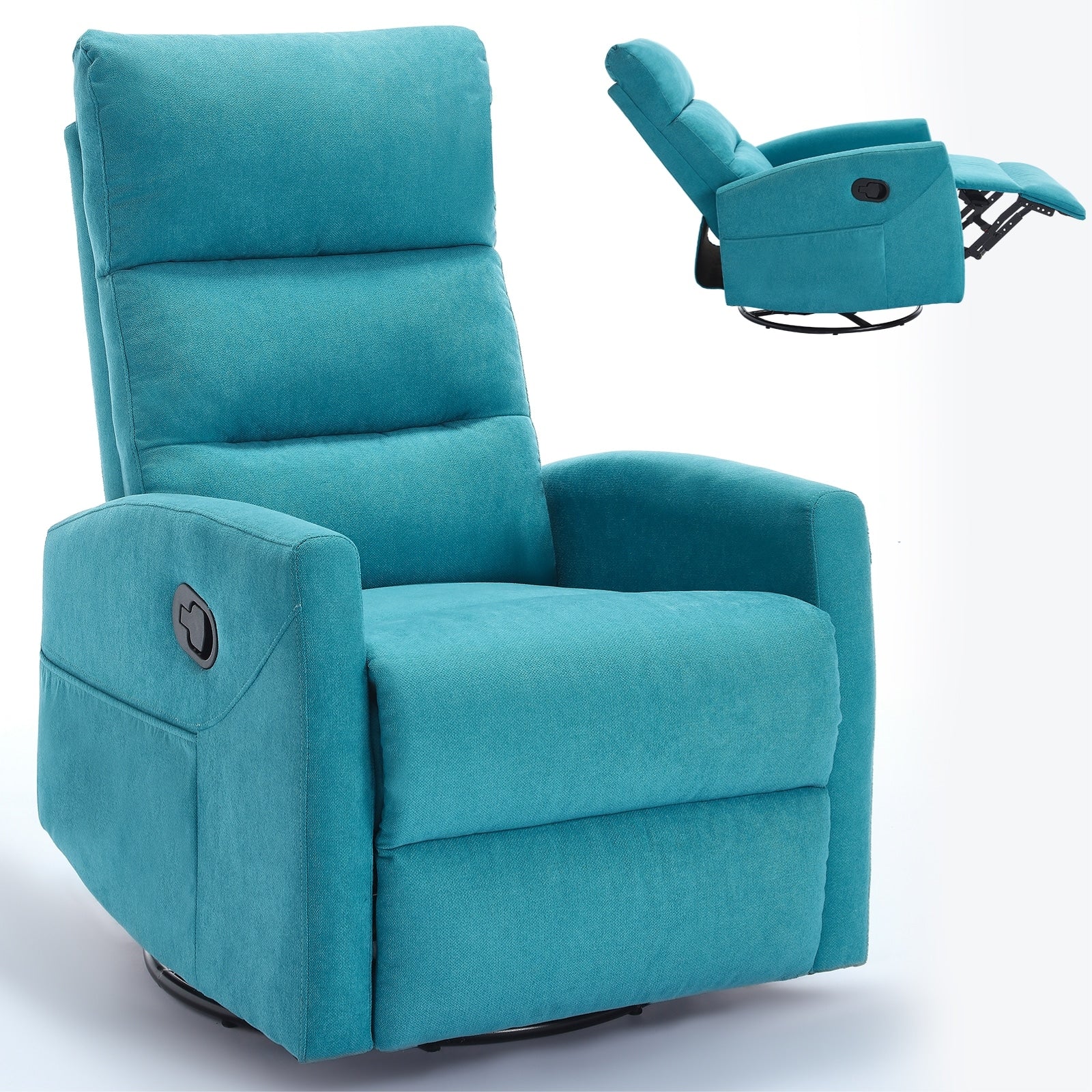 Fauteuil inclinable à bascule en tissu avec base pivotante à 360°, fauteuil inclinable manuel avec levier latéral, fauteuil de salon confortable