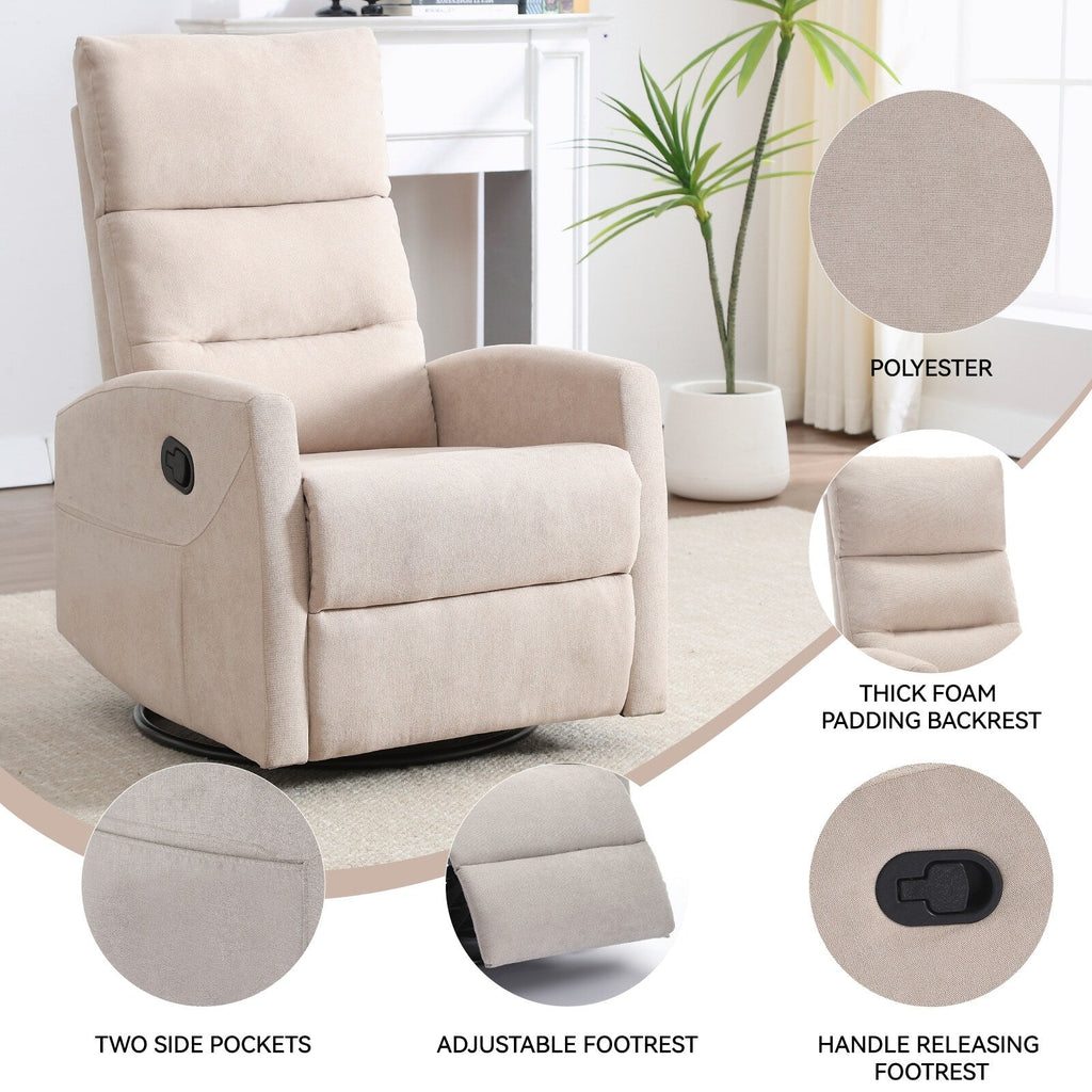 Fauteuil inclinable à bascule en tissu avec base pivotante à 360°, fauteuil inclinable manuel avec levier latéral, fauteuil de salon confortable