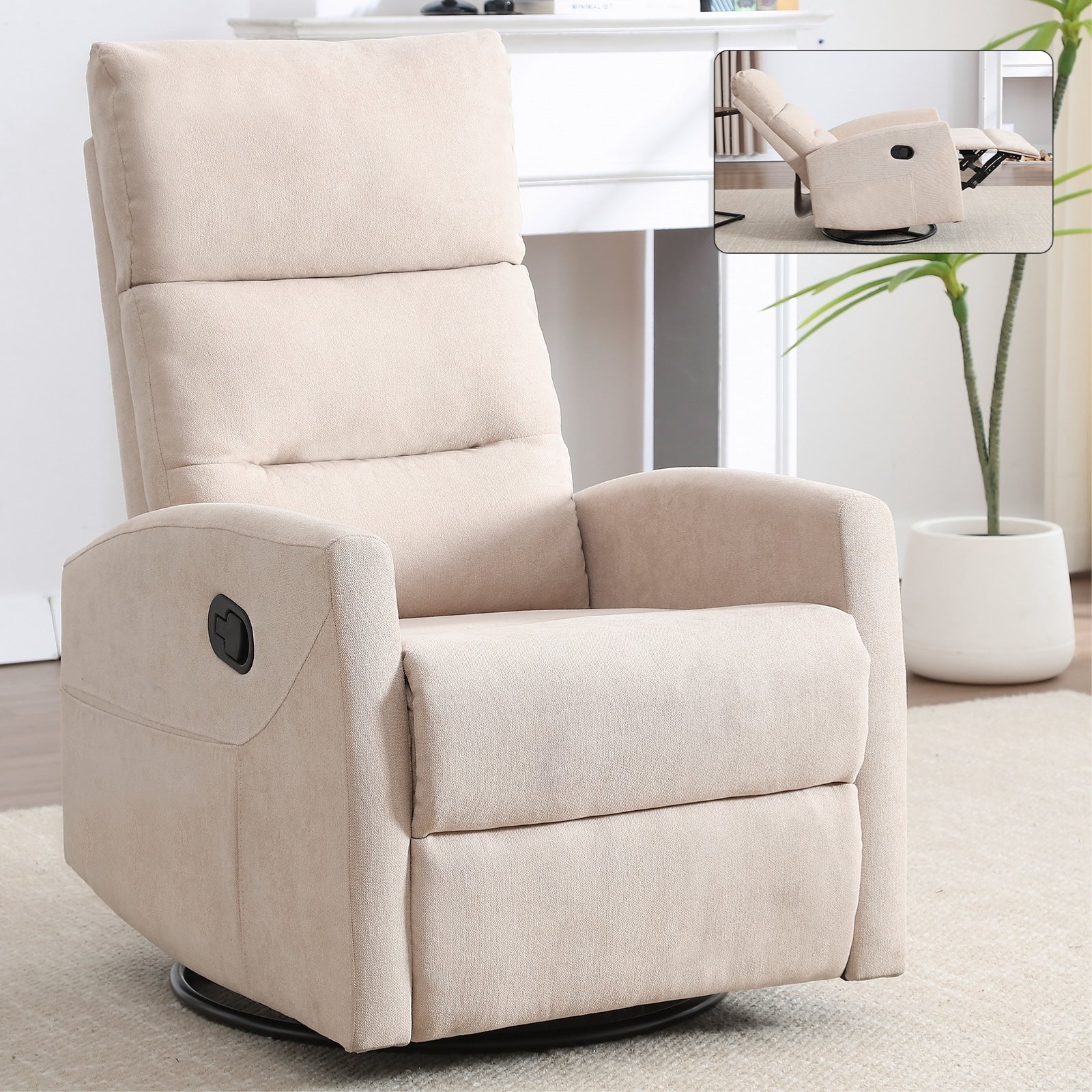 Fauteuil inclinable à bascule en tissu avec base pivotante à 360°, fauteuil inclinable manuel avec levier latéral, fauteuil de salon confortable