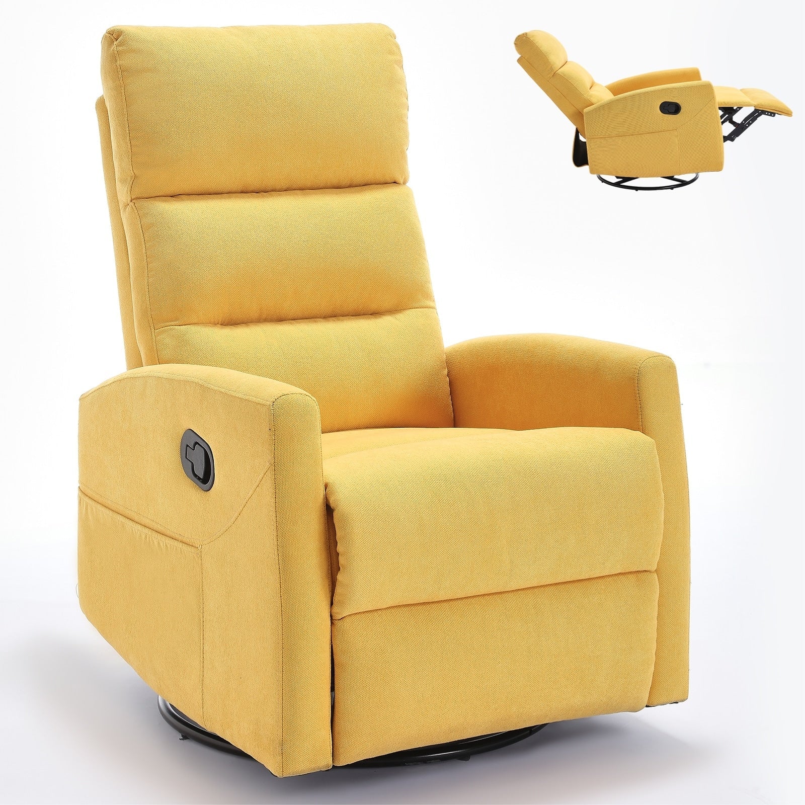 Fauteuil inclinable à bascule en tissu avec base pivotante à 360°, fauteuil inclinable manuel avec levier latéral, fauteuil de salon confortable