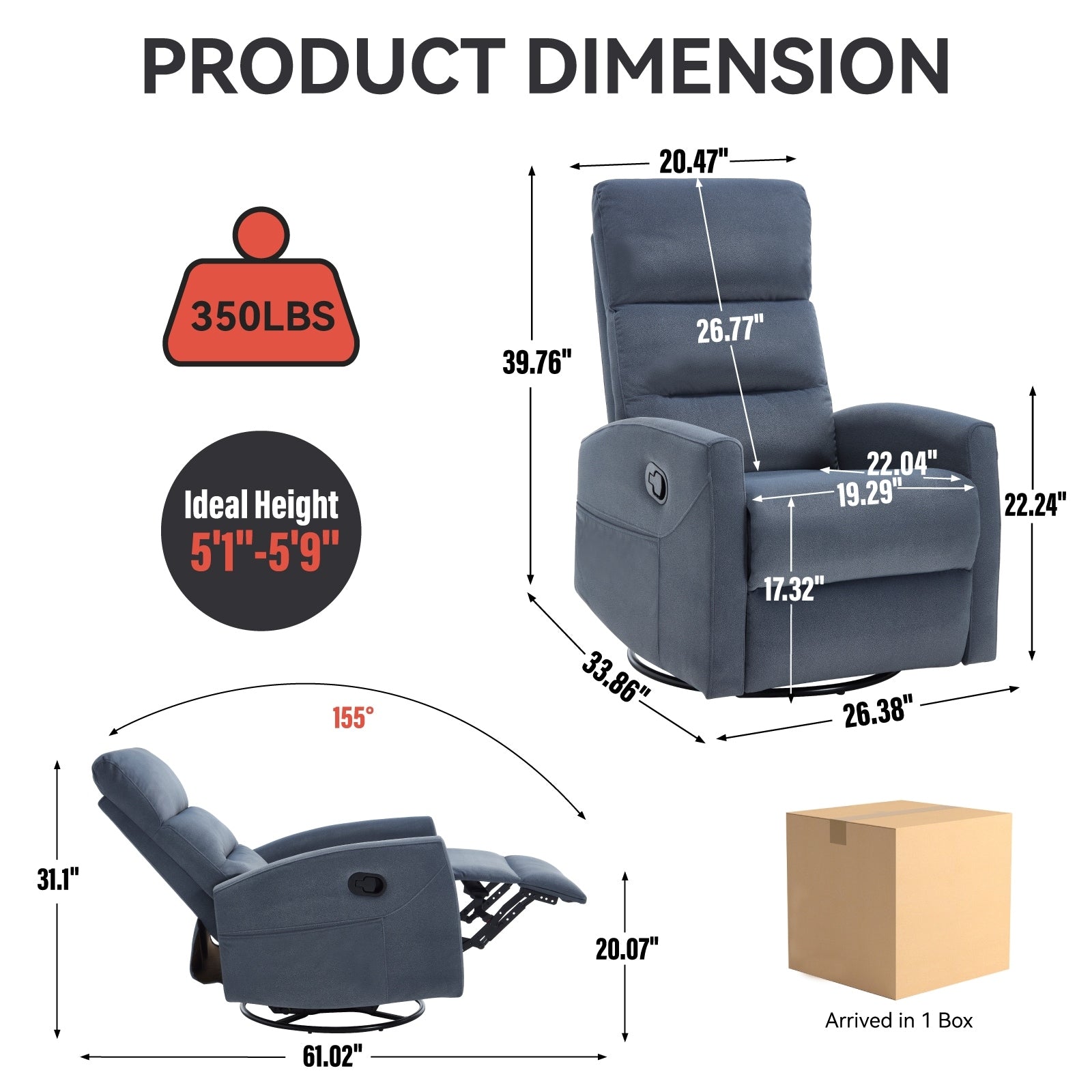 Fauteuil inclinable à bascule en tissu avec base pivotante à 360°, fauteuil inclinable manuel avec levier latéral, fauteuil de salon confortable