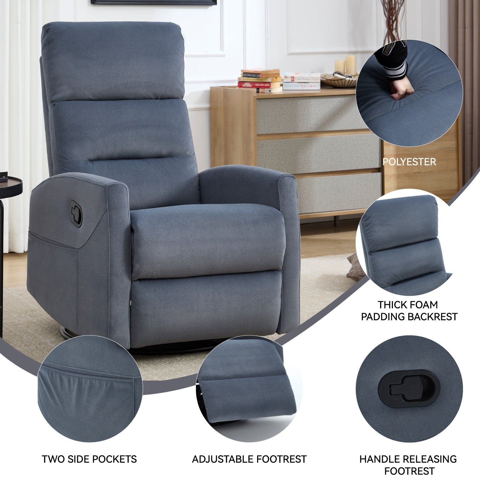 Fauteuil inclinable à bascule en tissu avec base pivotante à 360°, fauteuil inclinable manuel avec levier latéral, fauteuil de salon confortable
