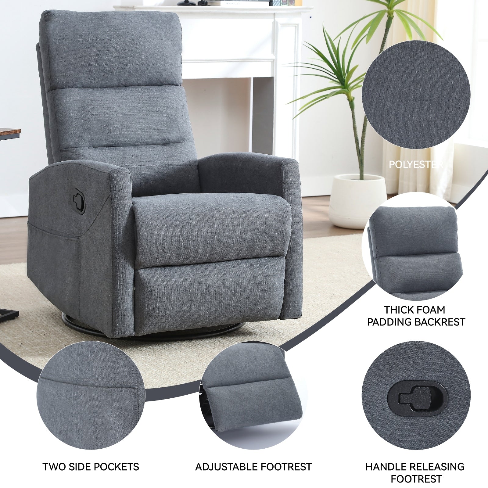 Fauteuil inclinable à bascule en tissu avec base pivotante à 360°, fauteuil inclinable manuel avec levier latéral, fauteuil de salon confortable