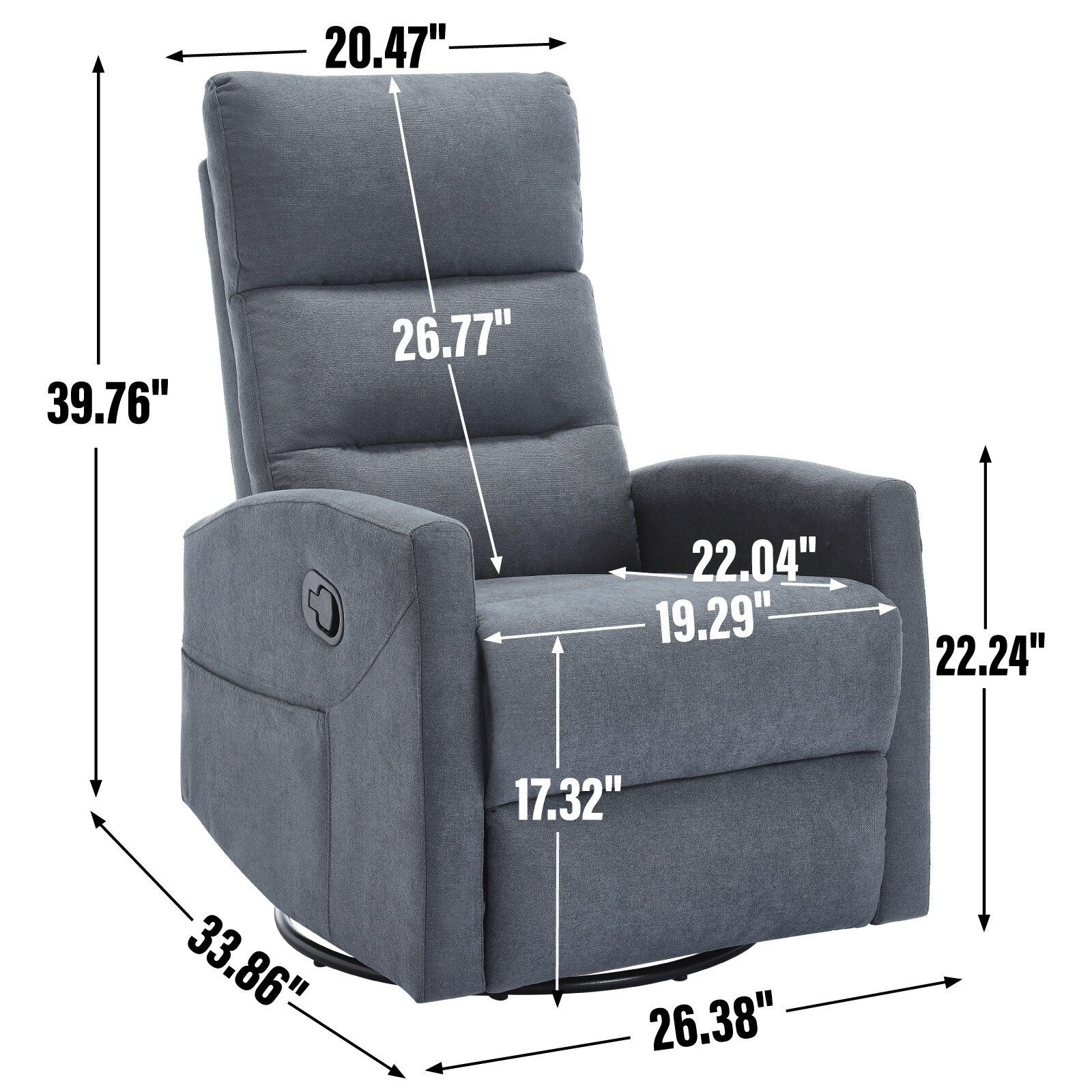 Fauteuil inclinable à bascule en tissu avec base pivotante à 360°, fauteuil inclinable manuel avec levier latéral, fauteuil de salon confortable