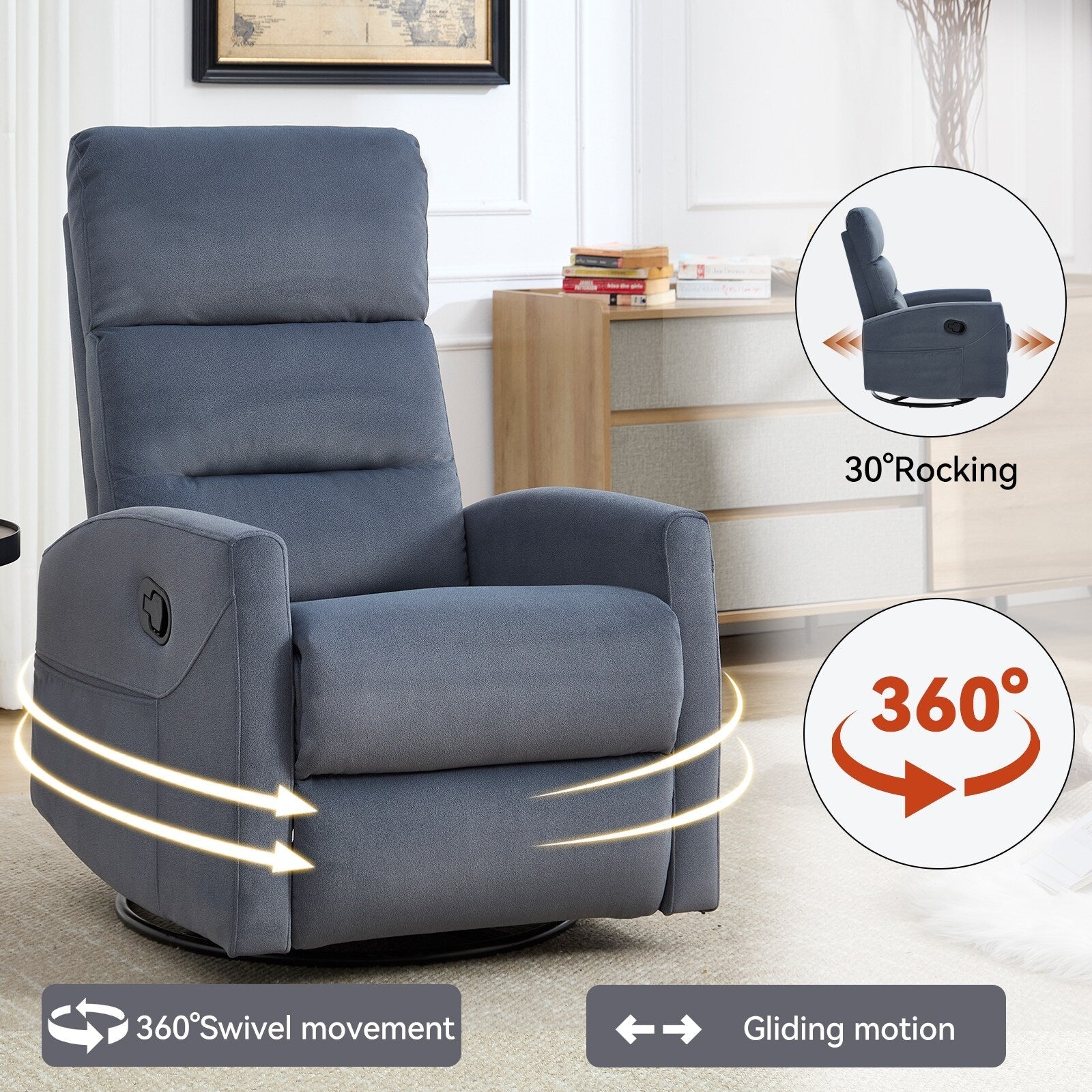 Fauteuil inclinable à bascule en tissu avec base pivotante à 360°, fauteuil inclinable manuel avec levier latéral, fauteuil de salon confortable