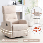 Fauteuil inclinable à bascule en tissu avec base pivotante à 360°, fauteuil inclinable manuel avec levier latéral, fauteuil de salon confortable