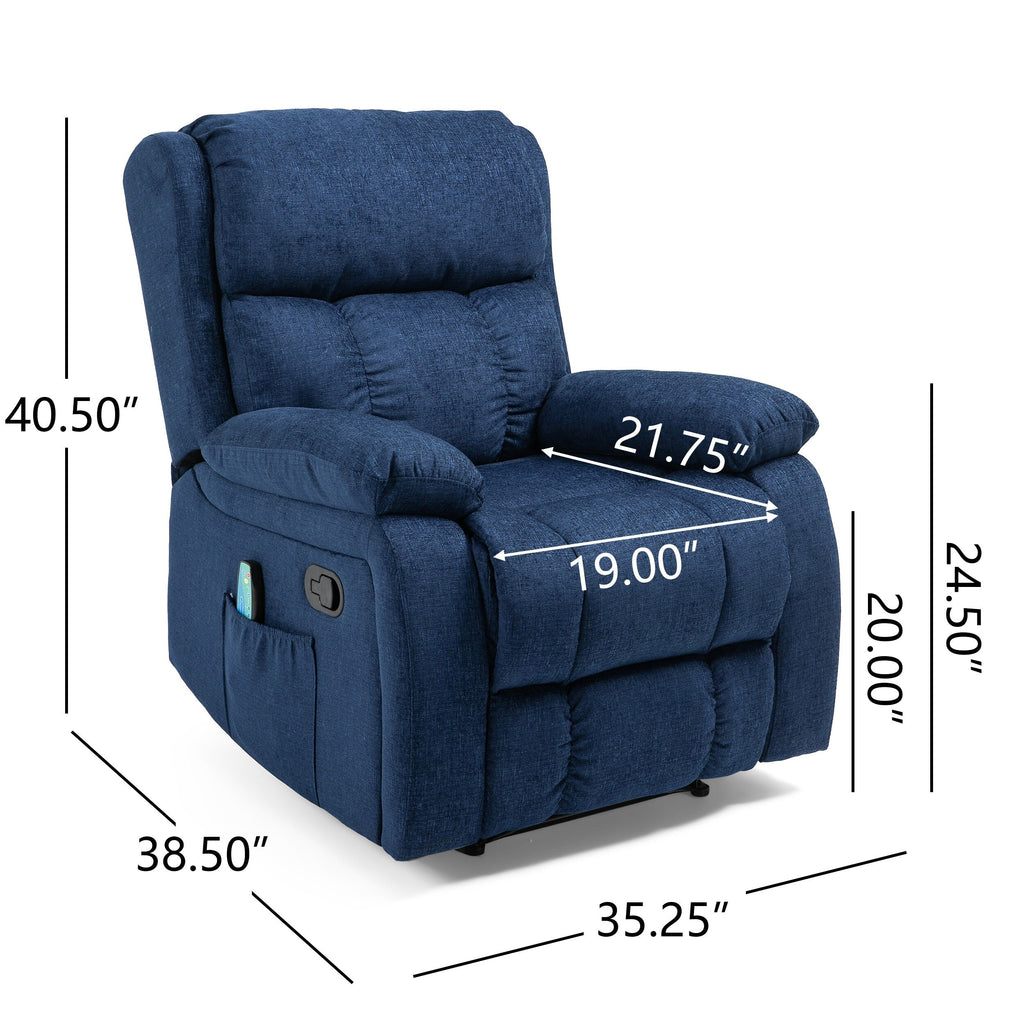 Fauteuil inclinable manuel de massage rembourré en tissu avec massage, chauffage lombaire et poches latérales