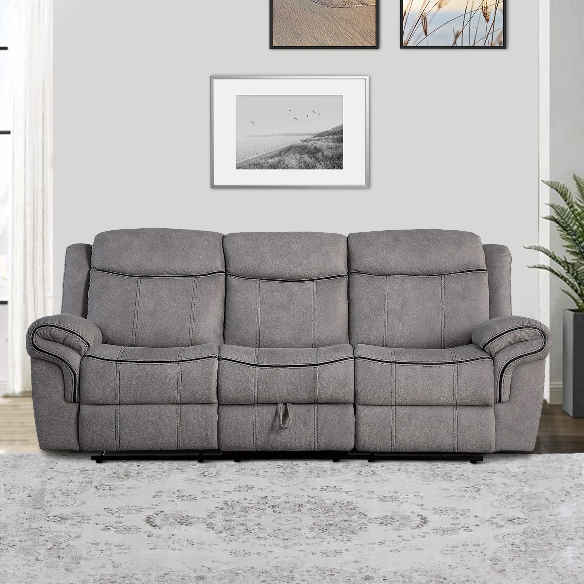 Canapé inclinable rembourré en tissu avec console et porte-gobelet, gris