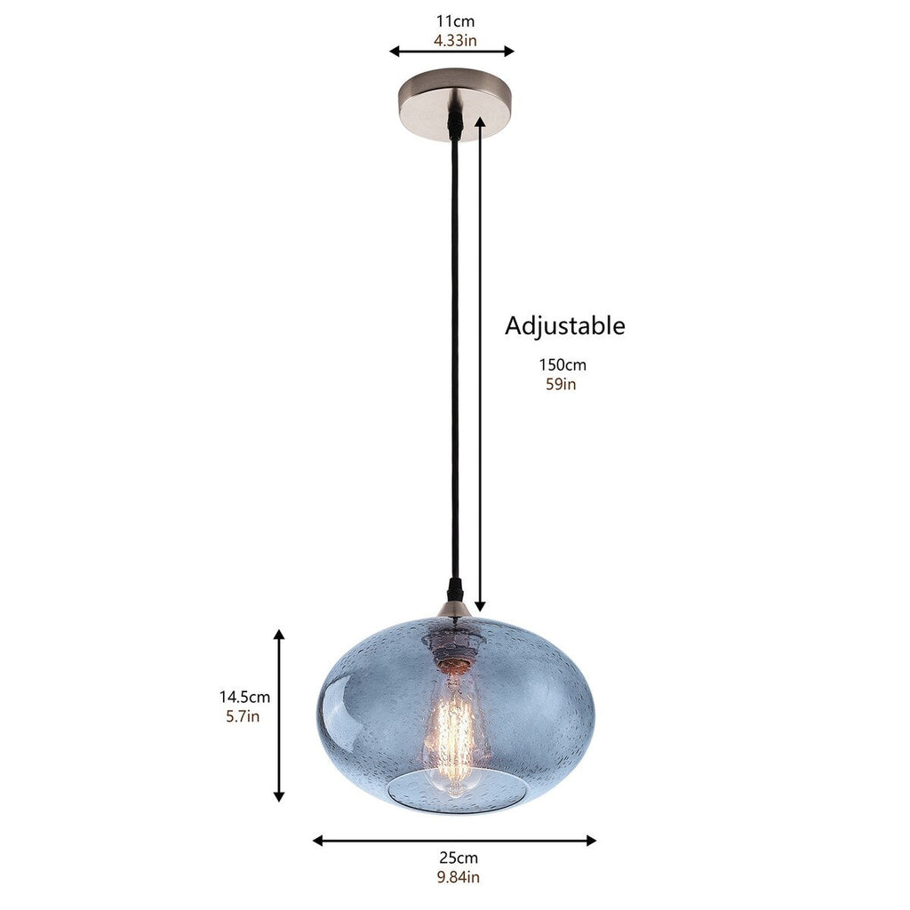 Suspension Farmhouse à 1 ampoule en verre à bulles bleu, finition nickel brossé