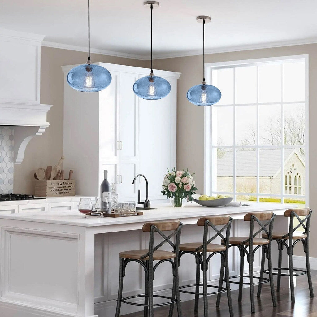 Suspension Farmhouse à 1 ampoule en verre à bulles bleu, finition nickel brossé