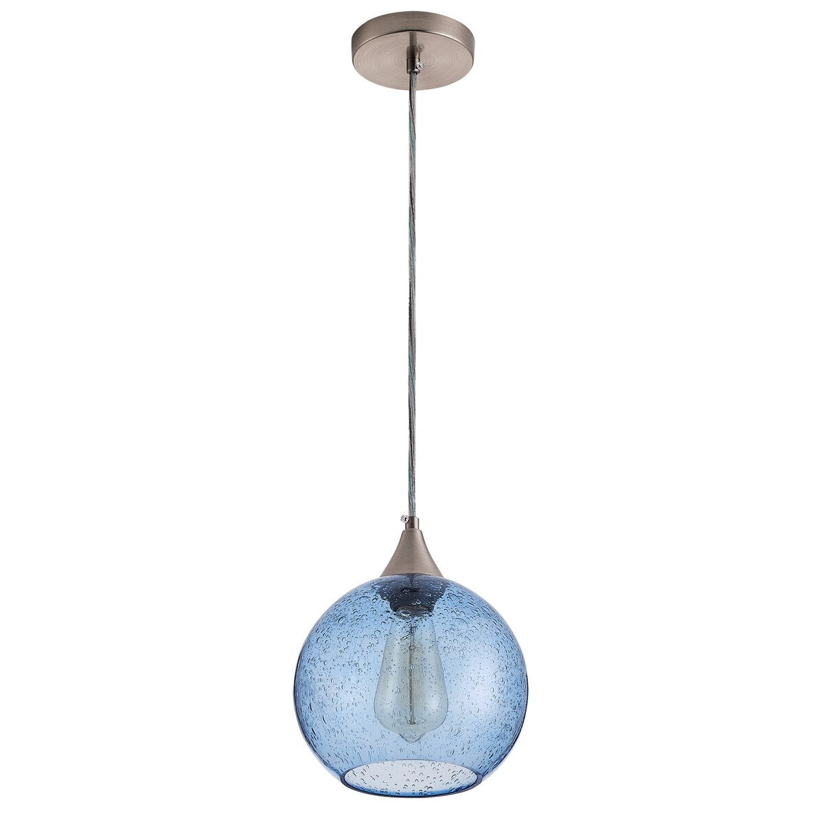 Suspension Farmhouse à 1 lumière en nickel brossé avec abat-jour en verre grainé bleu