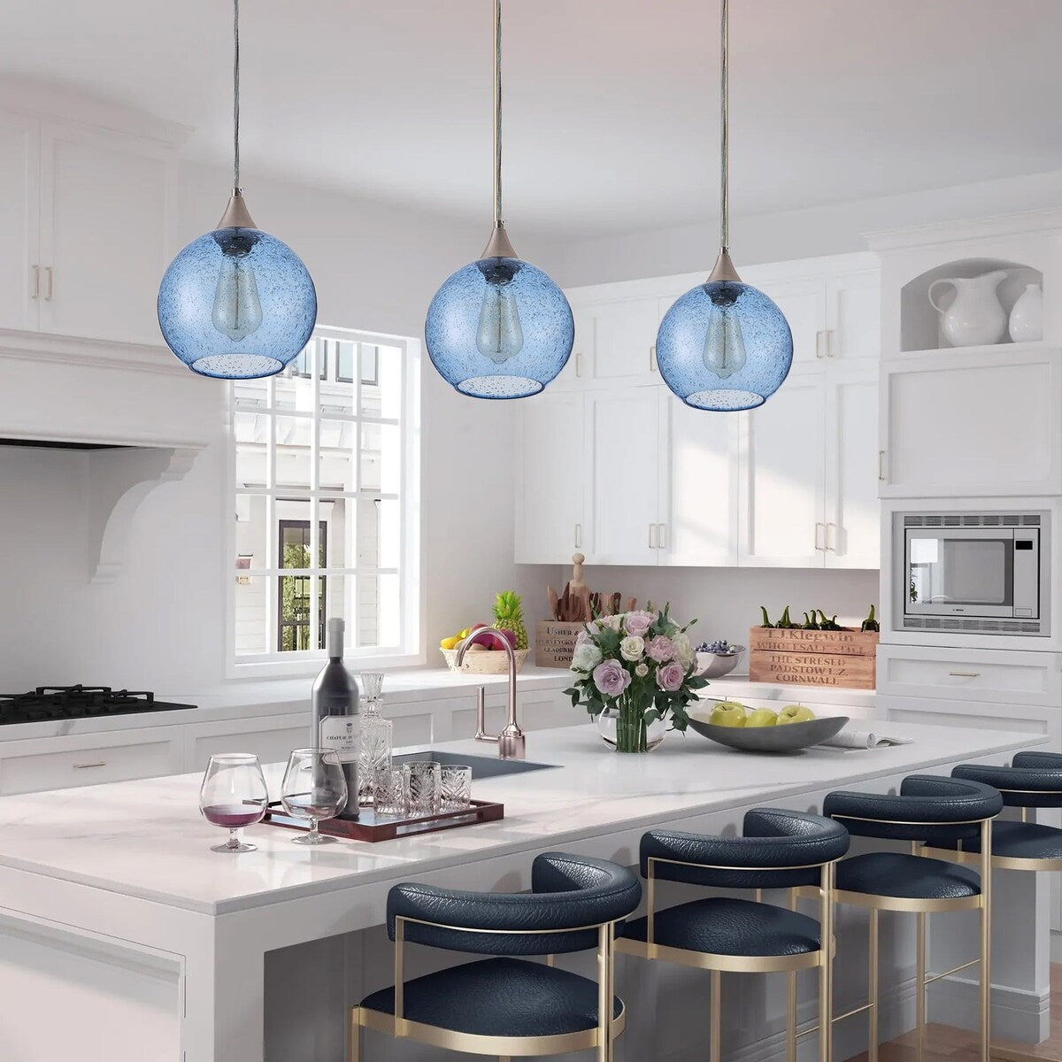 Suspension Farmhouse à 1 lumière en nickel brossé avec abat-jour en verre grainé bleu