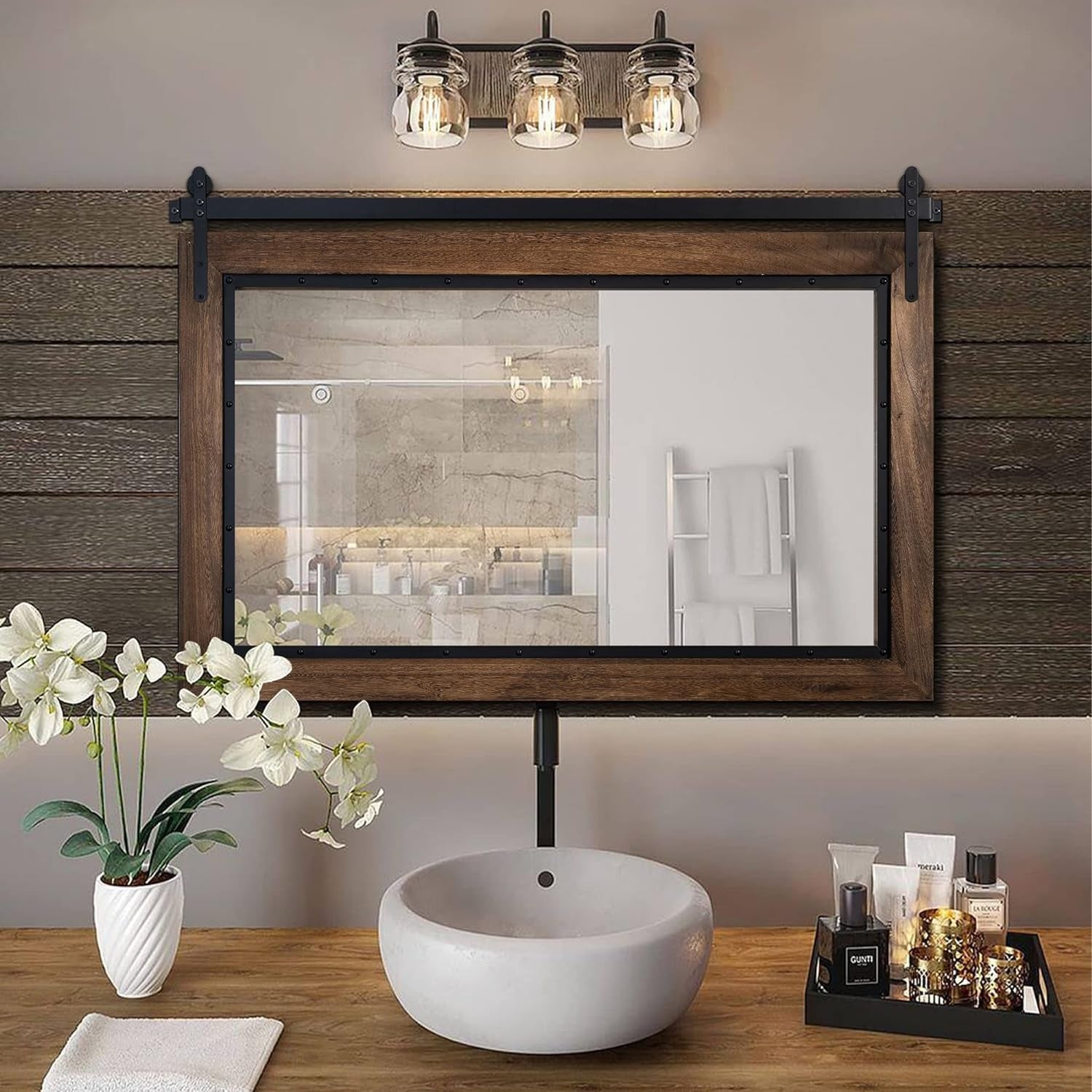 Miroir mural de salle de bain en bois naturel de style grange de ferme