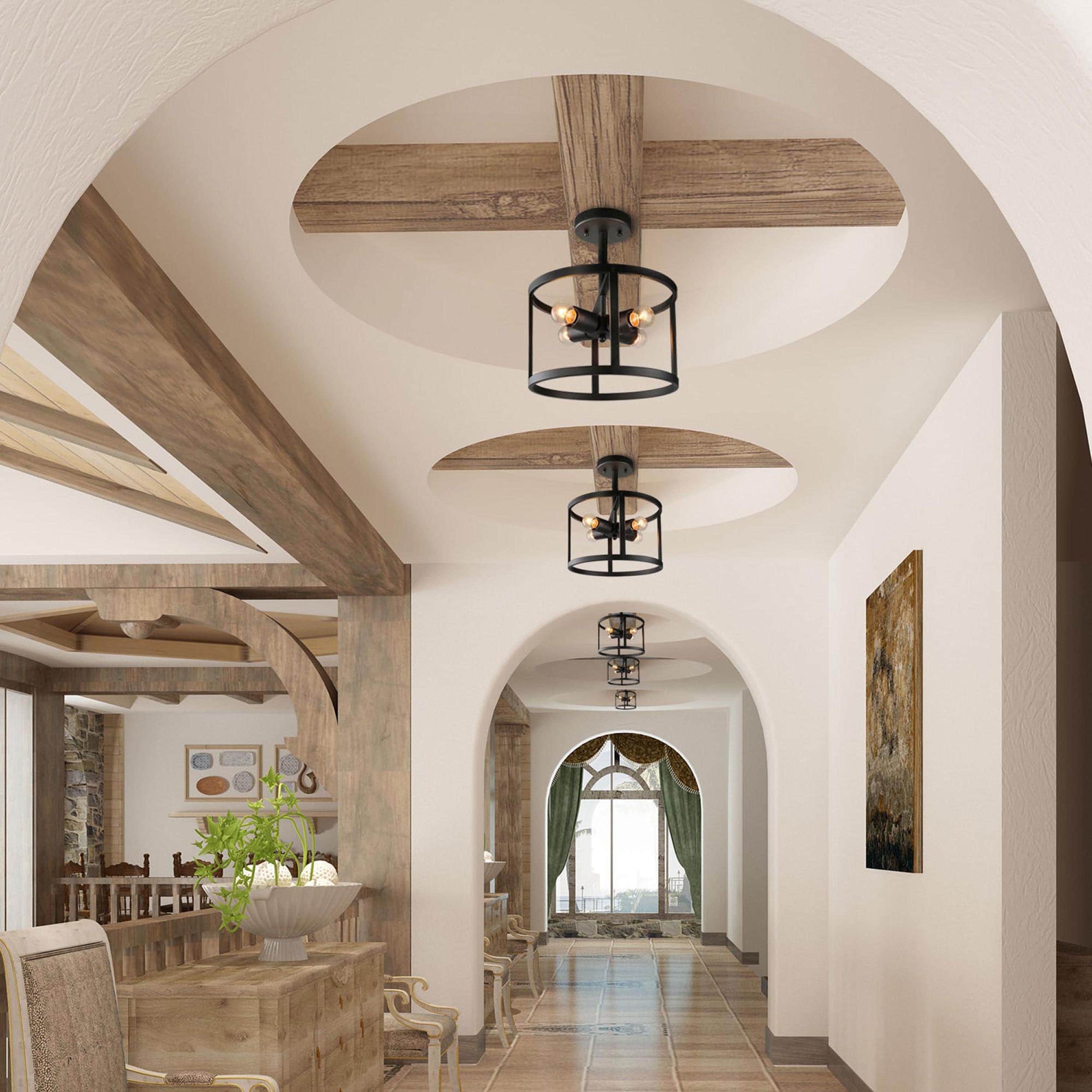 Plafonnier semi-encastré Farmhouse noir à 4 lumières, style tambour