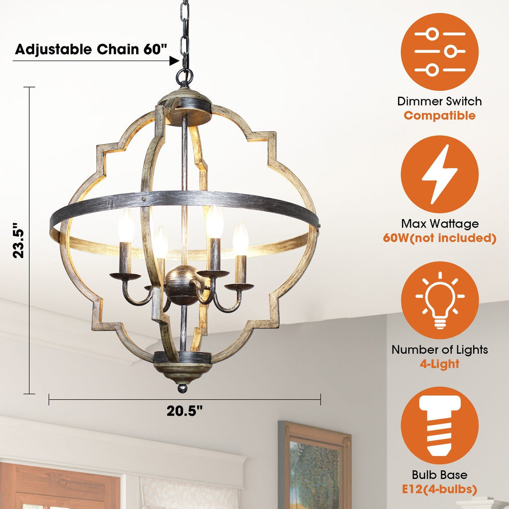 Lustre à 4 bougies en métal vieilli de style ferme