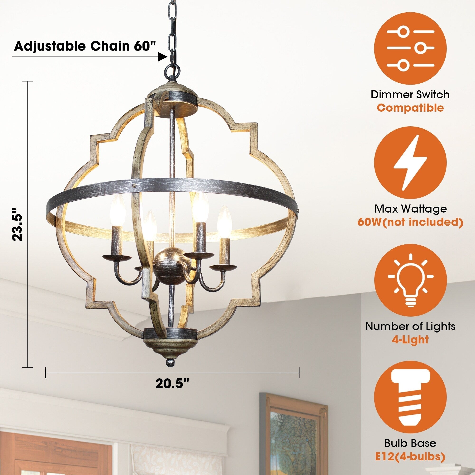 Lustre à 4 bougies en métal vieilli de style ferme