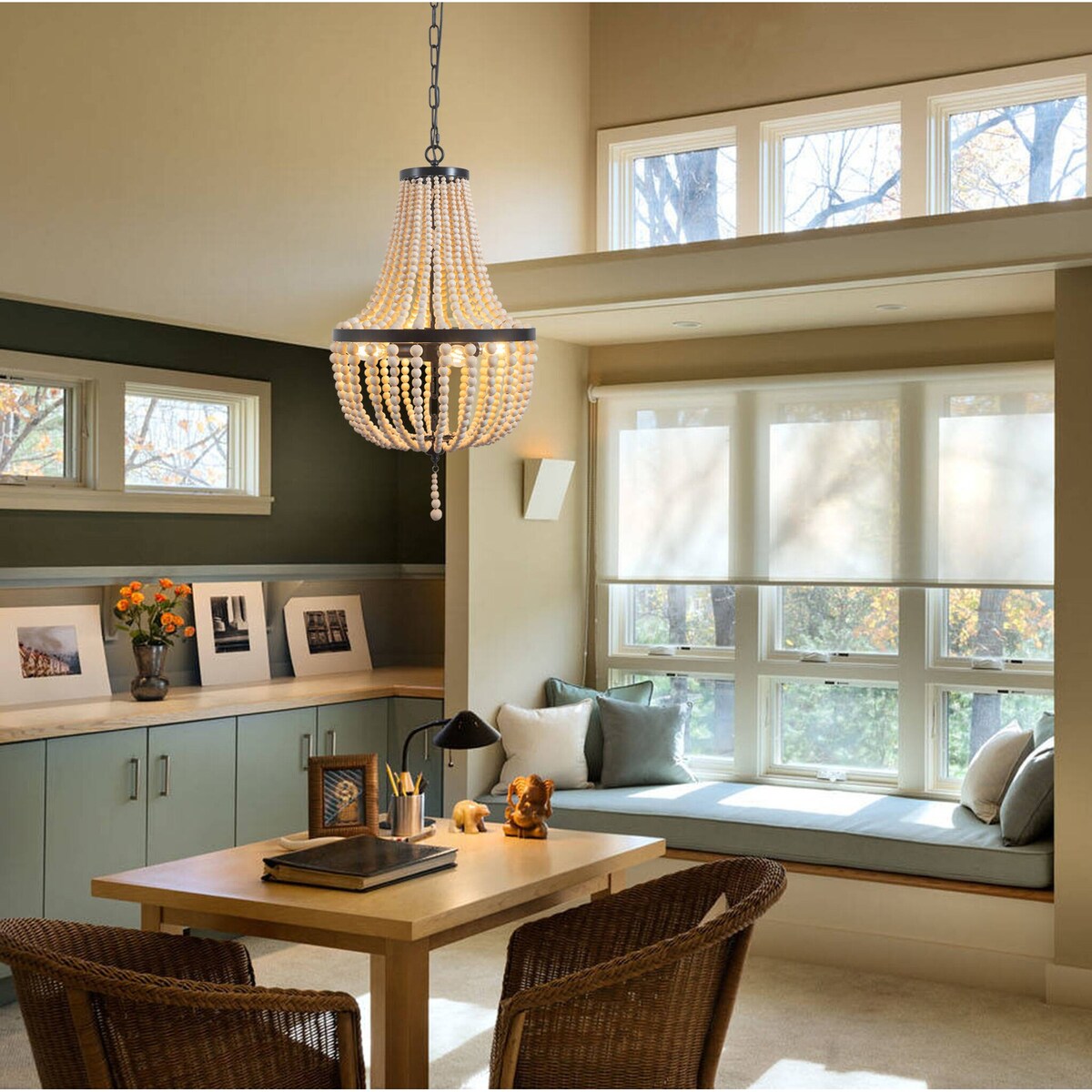 Lustre en perles de bois de ferme moderne