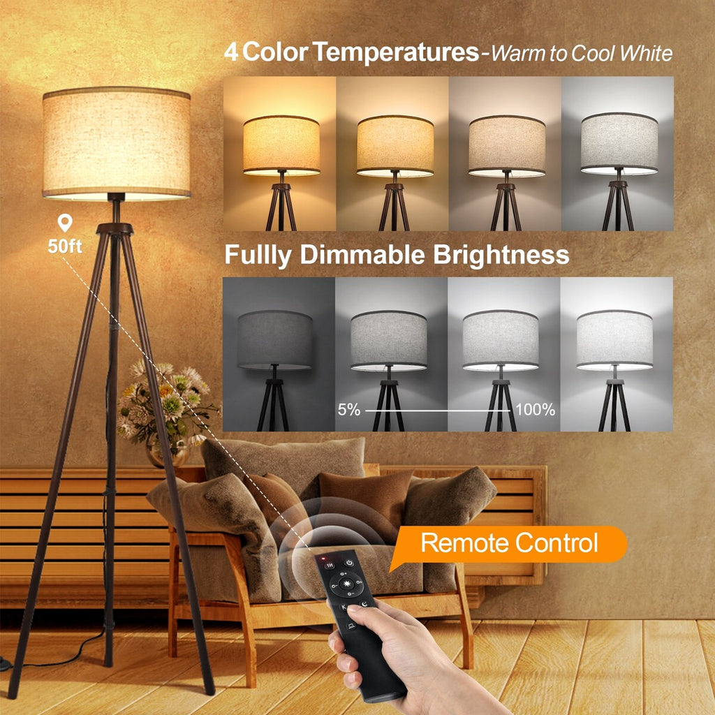 Lampadaire trépied en noyer noir de 63 po avec pieds en bois massif