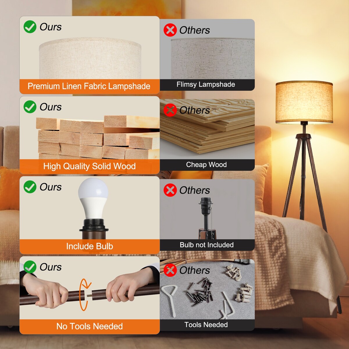 Lampadaire trépied en noyer noir de 63 po avec pieds en bois massif