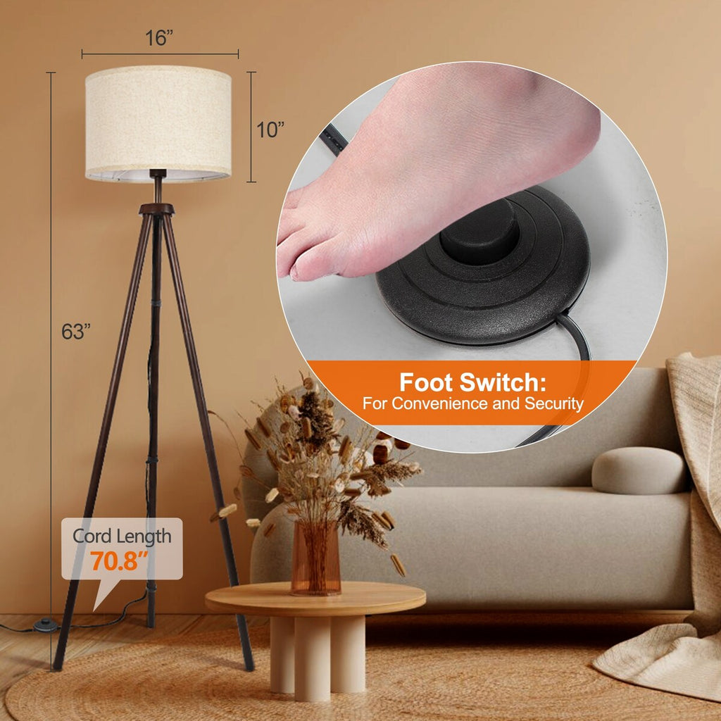 Lampadaire trépied en noyer noir de 63 po avec pieds en bois massif