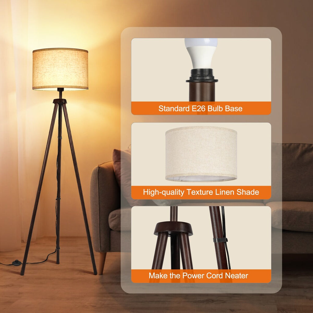 Lampadaire trépied en noyer noir de 63 po avec pieds en bois massif