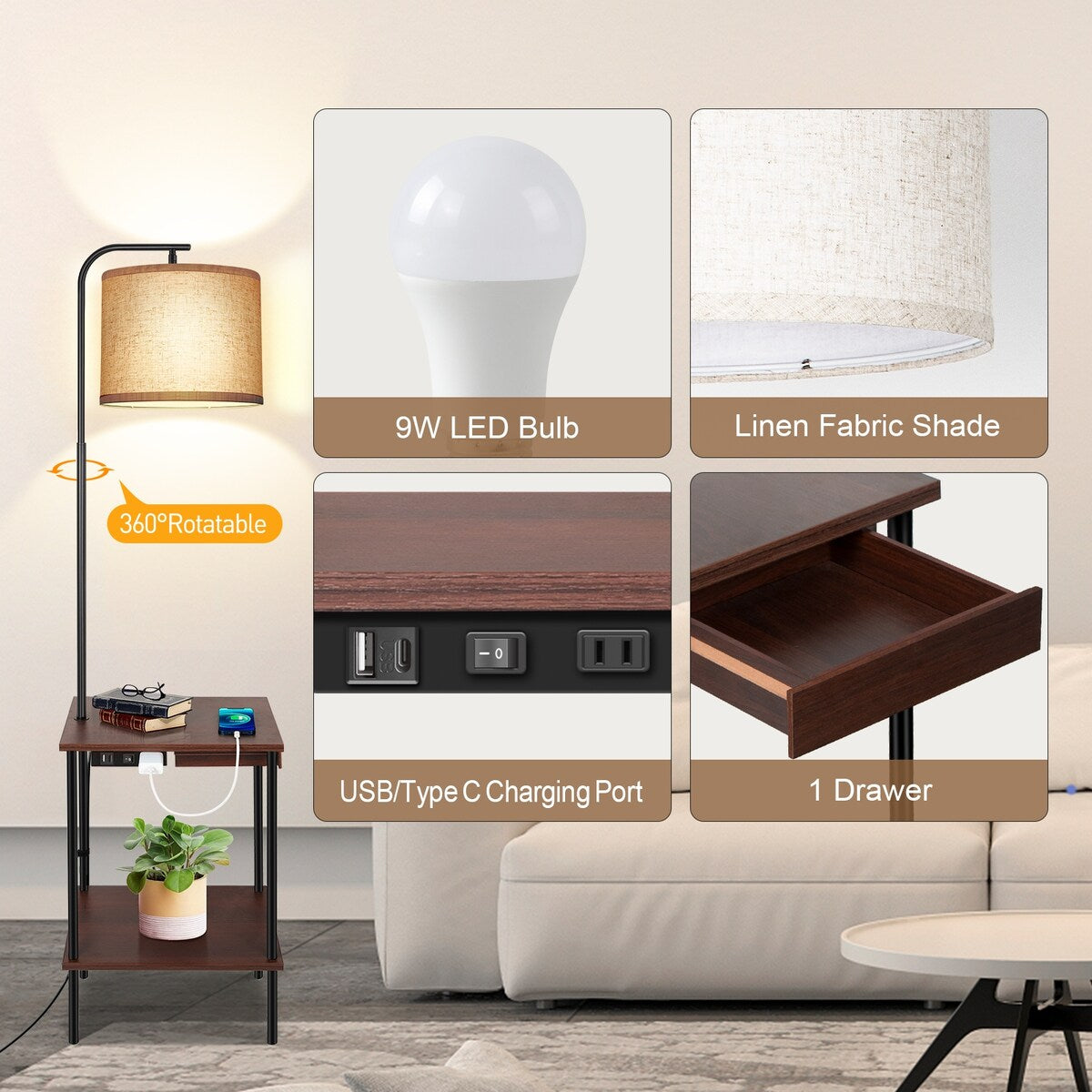 Lampadaire de 62 pouces avec bureau à magazines - Style tiroir