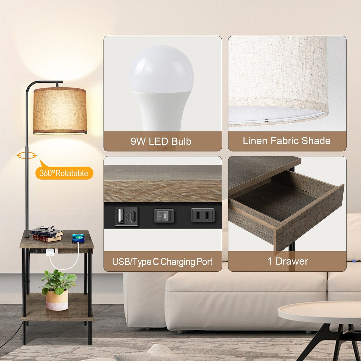 Lampadaire de 62 pouces avec bureau à magazines - Style tiroir