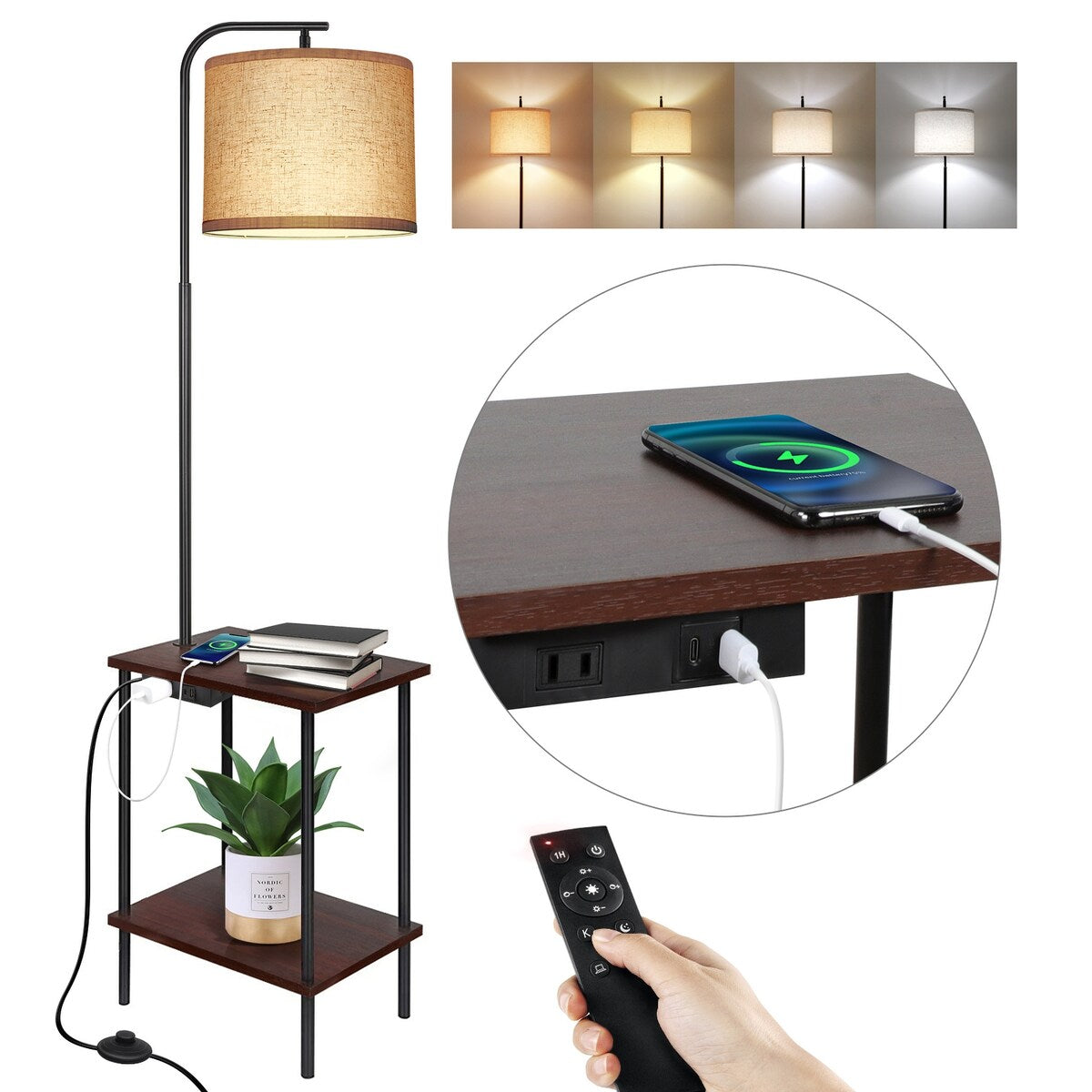 Lampadaire de 62 pouces avec table à magazines carrée - noyer