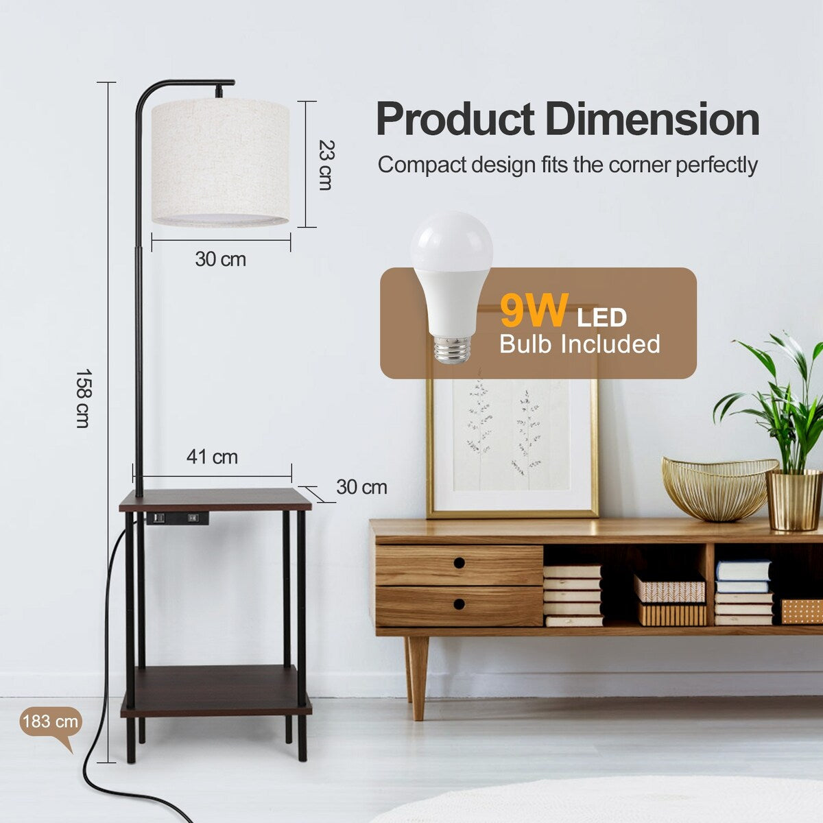 Lampadaire de 62 pouces avec table à magazines carrée - noyer