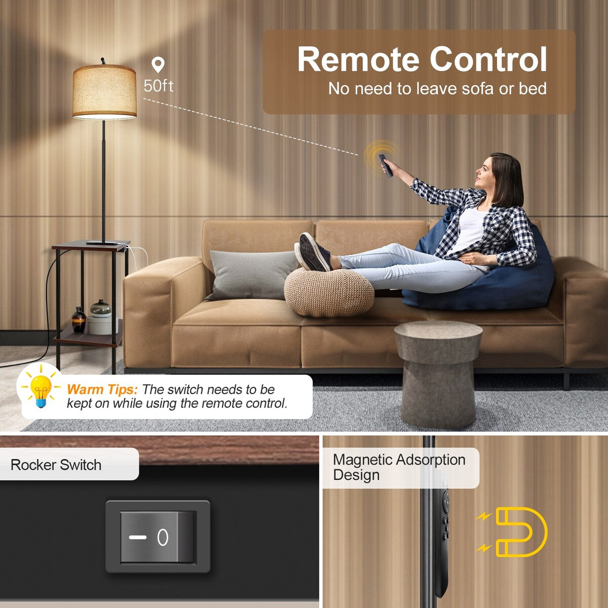 Lampadaire de 62 pouces avec table à magazines carrée - noyer