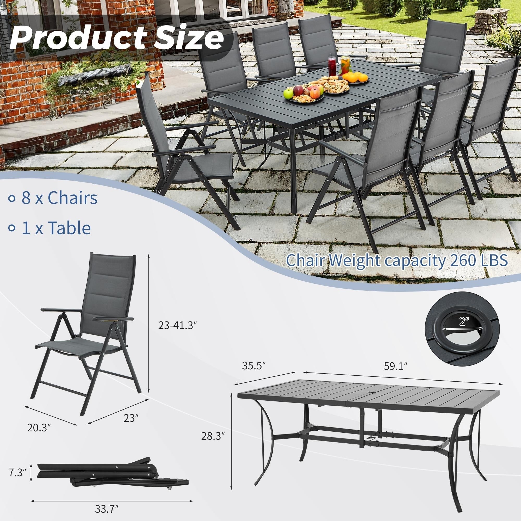 Ensemble de salle à manger de patio 7 pièces EROMMY avec chaises longues pliantes et table en aluminium, mobilier d'extérieur pour jardin, terrasse ou balcon.