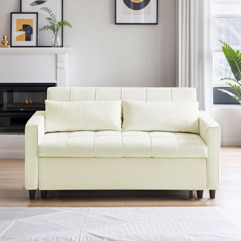 Canapé convertible en velours de 55 pouces, canapé futon 3 en 1 avec lit gigogne, dossier réglable, table d'appoint et 2 coussins lombaires