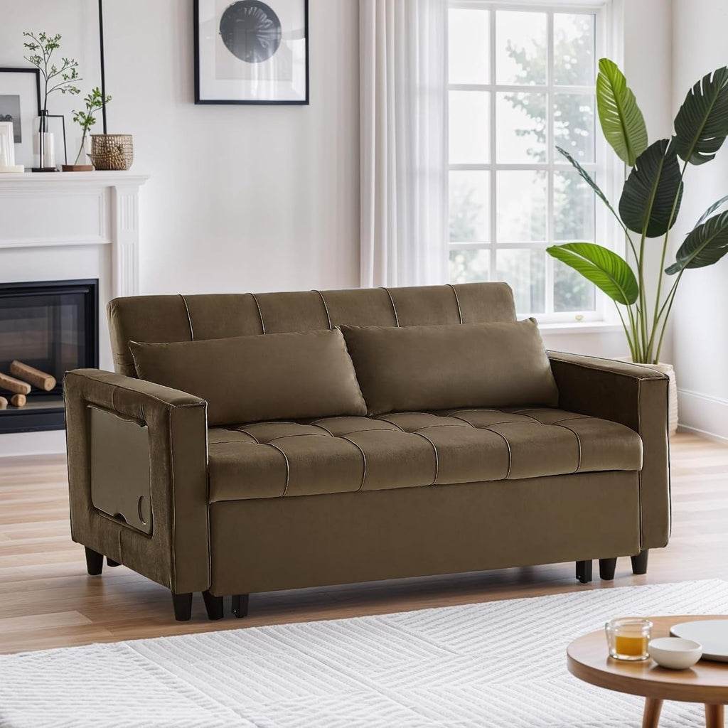 Canapé convertible en velours de 55 pouces, canapé futon 3 en 1 avec lit gigogne, dossier réglable, table d'appoint et 2 coussins lombaires
