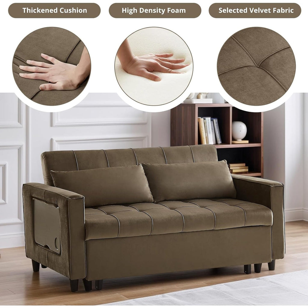 Canapé convertible en velours de 55 pouces, canapé futon 3 en 1 avec lit gigogne, dossier réglable, table d'appoint et 2 coussins lombaires