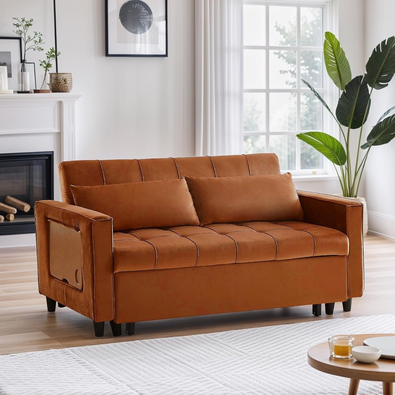 Canapé convertible en velours de 55 pouces, canapé futon 3 en 1 avec lit gigogne, dossier réglable, table d'appoint et 2 coussins lombaires