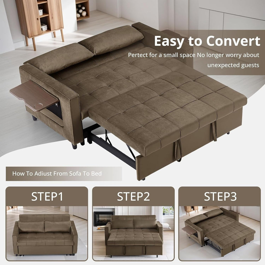 Canapé convertible en velours de 55 pouces, canapé futon 3 en 1 avec lit gigogne, dossier réglable, table d'appoint et 2 coussins lombaires