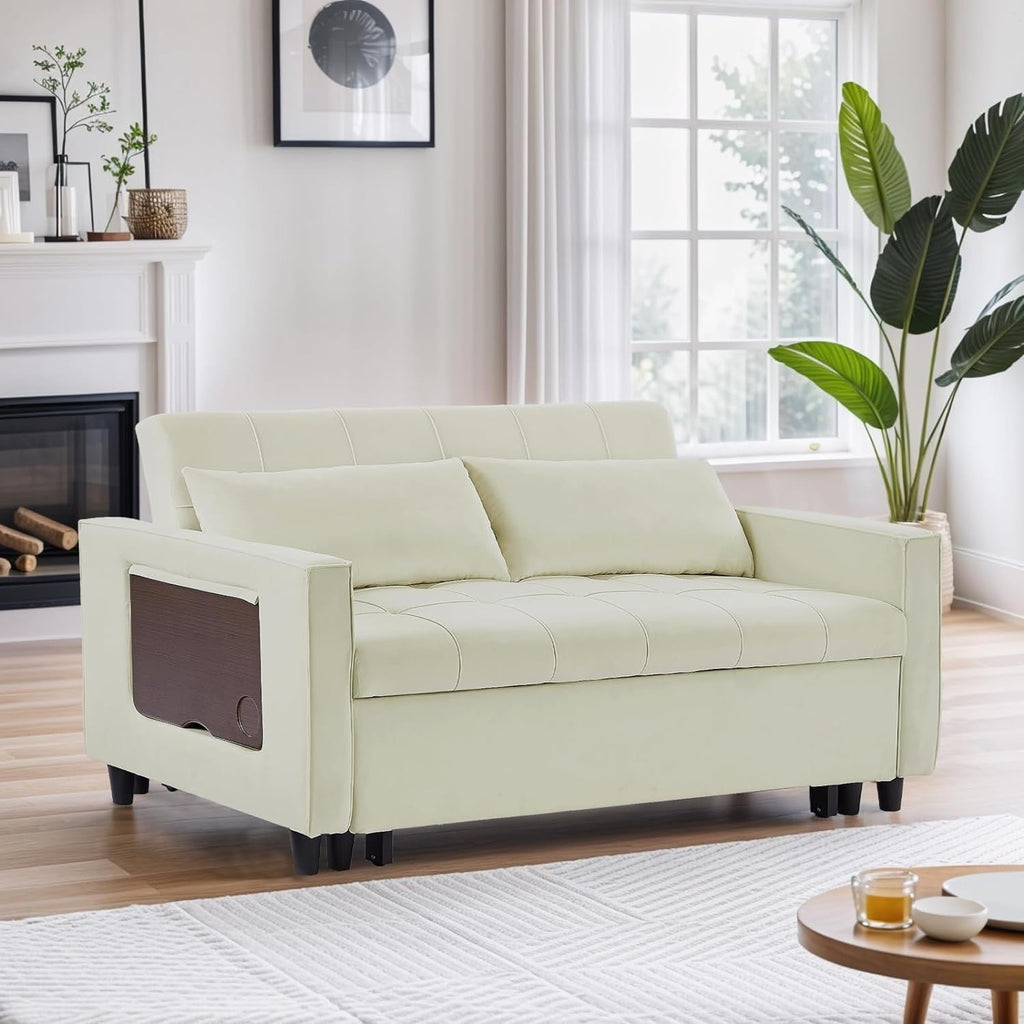 Canapé convertible en velours de 55 pouces, canapé futon 3 en 1 avec lit gigogne, dossier réglable, table d'appoint et 2 coussins lombaires