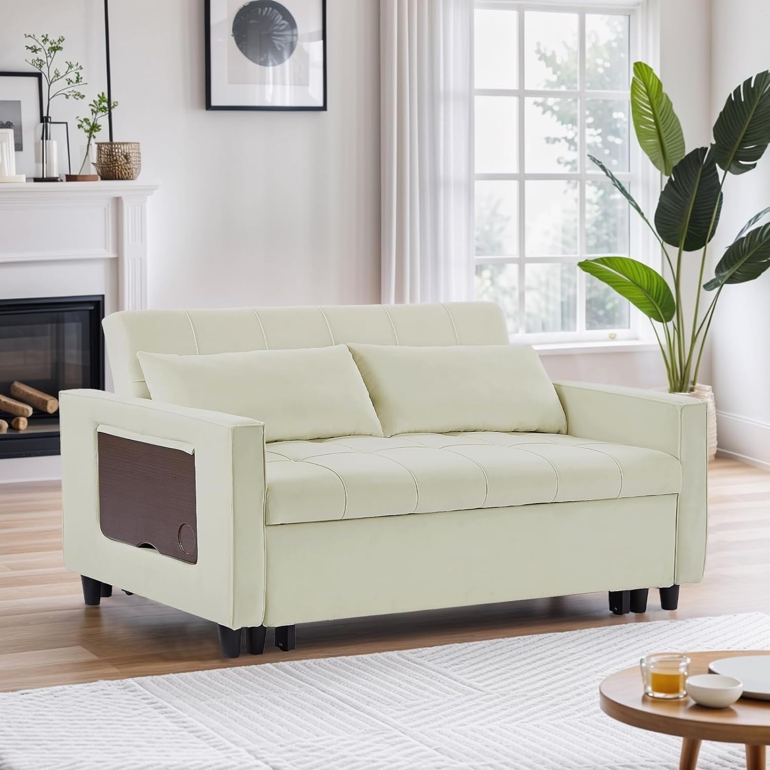 Canapé convertible en velours de 55 pouces, canapé futon 3 en 1 avec lit gigogne, dossier réglable, table d'appoint et 2 coussins lombaires