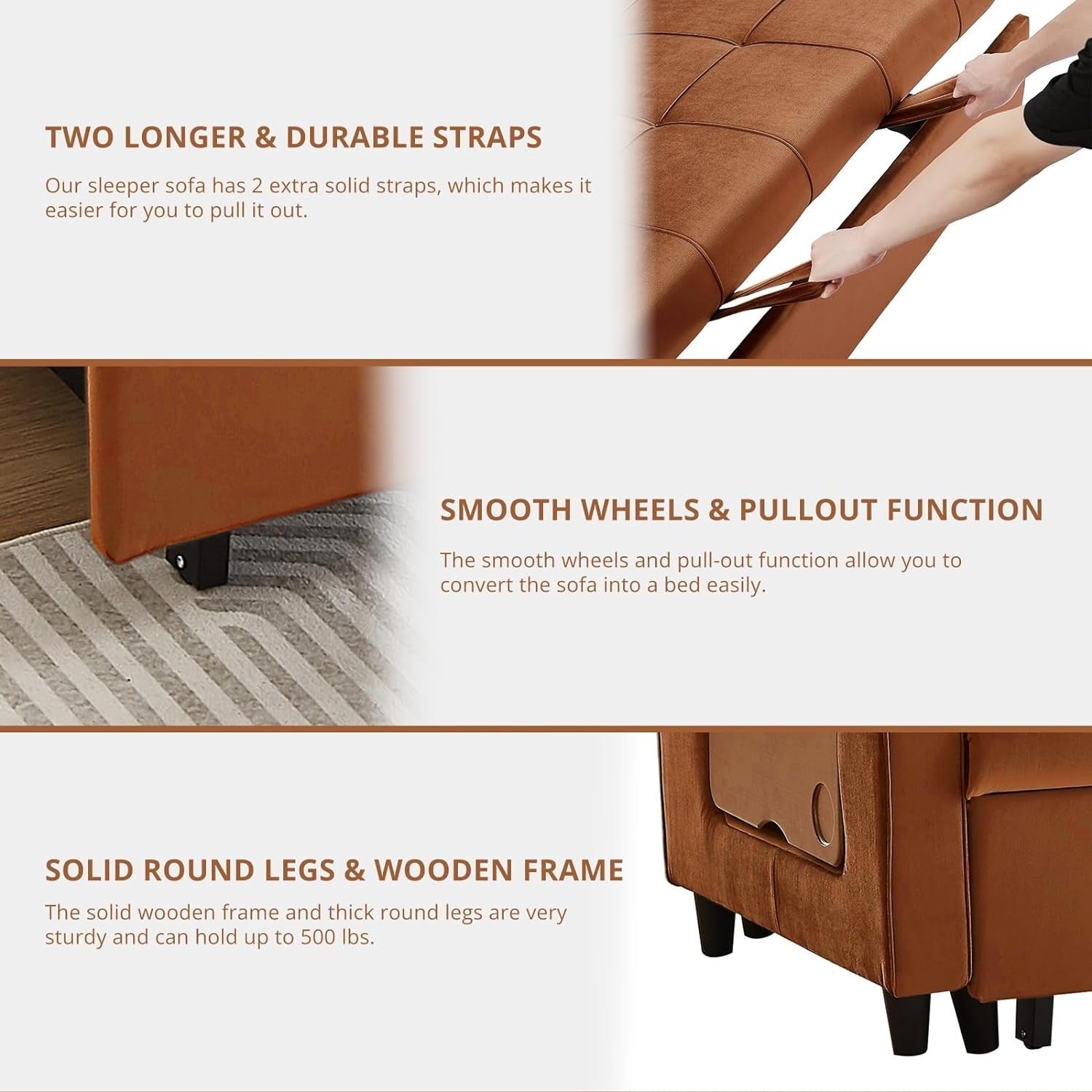 Canapé convertible en velours de 55 pouces, canapé futon 3 en 1 avec lit gigogne, dossier réglable, table d'appoint et 2 coussins lombaires